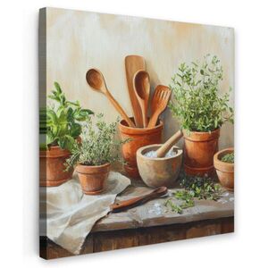 MuchoWow OBRAZ NA PLÁTNĚ Hrnce - Bylinky - Dřevo 50x50 cm obraz