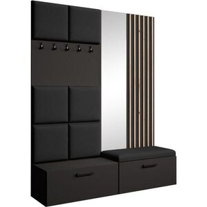 Beautysofa PŘEDSÍŇOVÁ sestava Margaret I+II 162/203/43 s čalouněnými panely / lamelami / zrcadlem, černá|dub artisan obraz