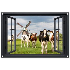 OnlyWow ZAHRADNÍ PLAKÁT Pohled - Kráva - Mlýn - Krávy - Louka - Tráva - Zelená 90x60 cm obraz