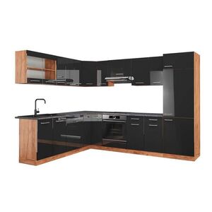Vicco ROHOVÁ KUCHYŇ R-Line, Antracitový vysoký lesk/Zlatý mocný dub, 287 x 227 cm, PD Antracit obraz