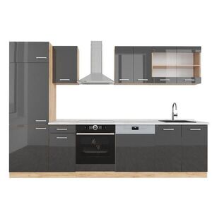 Vicco KUCHYŇSKÝ KOUT R-Line Antracitový vysoký lesk/zlatý dub power 300 cm , PD Mramor obraz