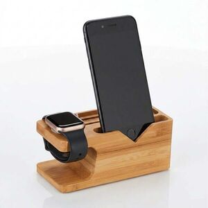 Relaxdays NABÍJEČKA přírodní bambus pro smartphone a chytré hodinky 6x14x6, 5 cm obraz