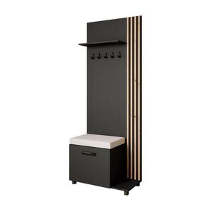 Beautysofa ŠATNÍ skříň LIVIA – vysoká skříň s věšáky a botníkem, černá, lamely dub Artisan, sedák světle béžový, pravá obraz