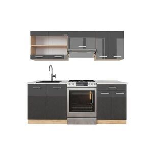 Vicco KUCHYŇSKÝ KOUT R-Line Antracitový vysoký lesk/zlatý dub power 200 cm , PD Mramor obraz
