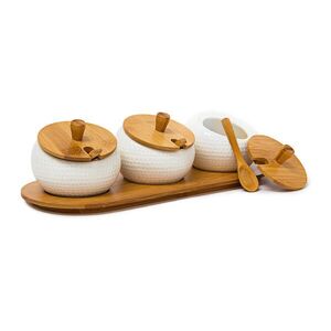 Relaxdays STOJAN NA KOŘENÍ Přírodní Bílá se 3 dózami Bambus Keramika 30, 5 cm obraz