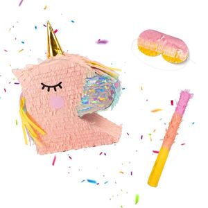Relaxdays PIÑATA Hnědá hlava jednorožce 3dílná-sada s holí a maskou obraz