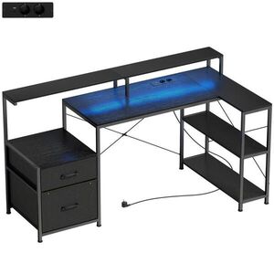 HOMCOM HERNÍ stůl ve tvaru L 165 x 80 cm s LED osvětlením a zásuvkami, 2 zásuvky obraz