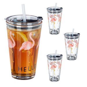 Relaxdays SKLENICE Průhledná růžová 4-dílná sada motiv plameňáka s víčkem a brčkem 450 ml obraz