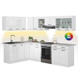 Vicco ROHOVÁ KUCHYŇSKÁ LINKA R-Line, Bílá vysoký lesk/Bílá, 267 x 167 cm s pracovní deskou s páskem LED obraz