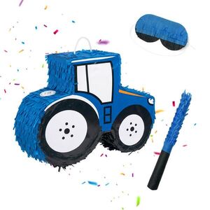 Relaxdays PIŇATA Modrá traktor 3-dílná-sada s tyčí a maskou obraz