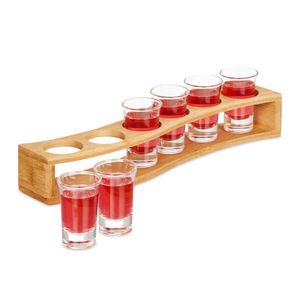 Relaxdays PODNOS Přírodní bambus na panáky s 6-ks skleničkami 33 cm obraz