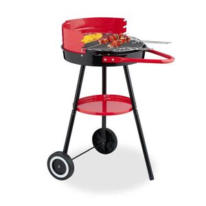 Relaxdays GRIL Černá Červená na dřevěné uhlí kulatý s kolečky 42 cm obraz