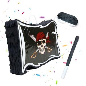 Relaxdays PINATA Černá Bílá pirátská vlajka 3dílná-sada s maskou a tyčí obraz