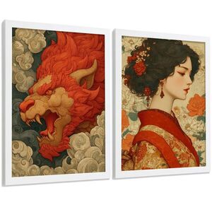 Nacnic PLAKÁT Sada 2 dekorativních koupelna-Kunstdrucke japonském pro hůlku Sprcha Toilette und koupelna mit Orientalischem Drachen und Frau White Fra obraz