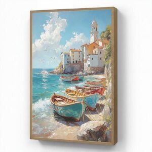 OnlyWow NÁSTĚNNÁ LAMPA S AKUMULÁTOREM Lodě - skály - moře - slunce 70x100 cm obraz