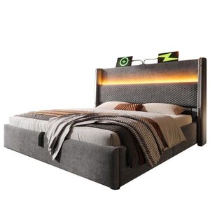 OKWISH ČALOUNĚNÁ postel 140/200 cm šedá z lněné tkaniny s LED, úložným prostorem a USB/Type-C obraz