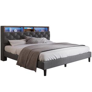 OKWISH ČALOUNĚNÁ postel 140/200 cm šedá z masivního dřeva s LED a úložným čelem obraz