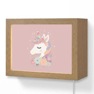 OnlyWow NÁSTĚNNÁ LAMPA Jednorožec - růžová - květiny 20x15 cm obraz