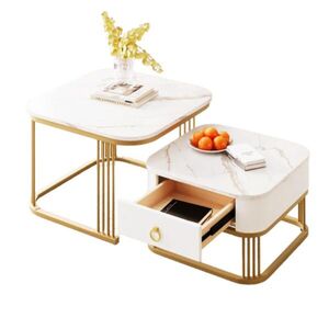 OKWISH KONFERENČNÍ stolek 60/60/45 cm bílý a zlatý z MDF s mramorovým dekorem a zásuvkou obraz