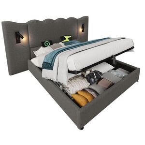 OKWISH ČALOUNĚNÁ postel 160/200 cm šedá z lnu s úložným prostorem USB a lampičkou obraz