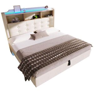 OKWISH ČALOUNĚNÁ postel 140/200 cm béžová ze lnu a MDF s LED osvětlením a úložným prostorem obraz