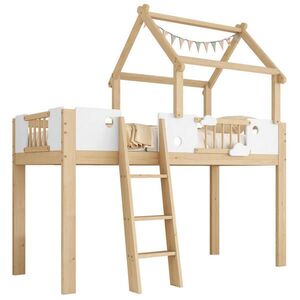 OKWISH VYSOKÁ dětská postel 204, 5/123, 5/196 cm bílá/přírodní s žebříkem a stříškou z borovice MDF a překližky obraz
