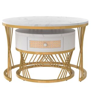 OKWISH KONFERENČNÍ stolky 70/70/45, 5 cm bílá a zlatá z MDF a kovu se zásuvkou obraz