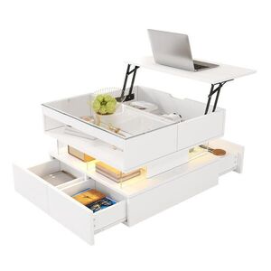 OKWISH KONFERENČNÍ stolek 70/67/57 cm bílý z dřevotřísky se zdvihací deskou LED osvětlením obraz