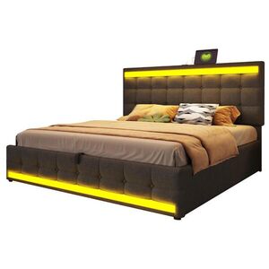 OKWISH ČALOUNĚNÁ postel 180/200 cm šedá z lněné tkaniny s LED osvětlením a USB obraz