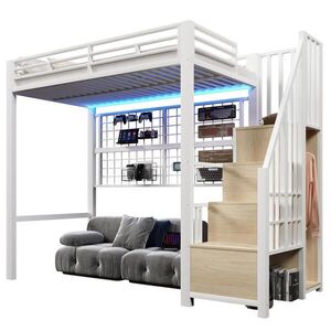 OKWISH BÍLÁ kovová patrová postel (90/200 cm) s úložným žebříkem a LED osvětlením obraz