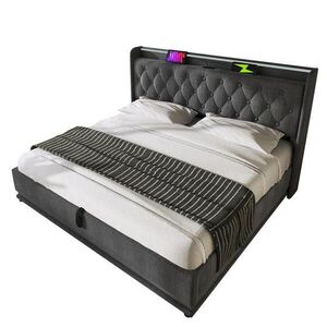 OKWISH ČALOUNĚNÁ postel 160/200 cm šedá z lnu s LED osvětlením a hydraulickým úložným prostorem obraz