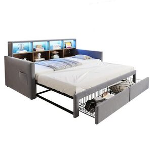 OKWISH ČALOUNĚNÁ postel 90/190 cm světle šedá ze sametu s výsuvným lůžkem a LED čelem obraz