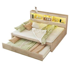 OKWISH POSTEL 140/200 cm přírodní z dřevotřísky a MDF s LED osvětlením a výsuvným lůžkem obraz