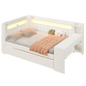 OKWISH ČALOUNĚNÁ postel 140/200 cm bílá z MDF a překližky s LED, USB, výsuvným lůžkem a stolem obraz