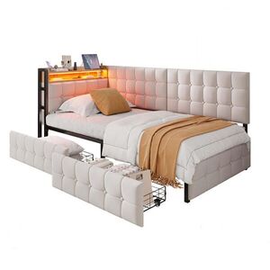 OKWISH ČALOUNĚNÁ postel 90/200 cm béžová z látky s LED osvětlením, USB a 2 zásuvkami obraz