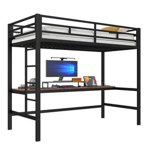 OKWISH VYSOKÁ postel 90/200 cm černá s psacím stolem LED osvětlením a nabíjením z kovu a MDF obraz