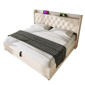 OKWISH ČALOUNĚNÁ postel 140/200 cm bílá z PU s LED osvětlením a úložným prostorem obraz