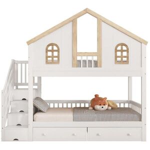 OKWISH PATROVÁ postel 90/200 cm bílá+přírodní s úložnými schůdky a dvěma zásuvkami na kolečkách obraz
