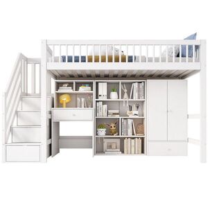 OKWISH DĚTSKÁ vyvýšená postel 90/200 cm bílá s psacím stolem a úložnými schody z masivního dřeva a MDF obraz