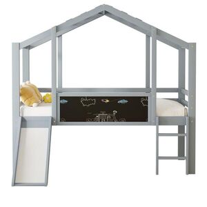 OKWISH DĚTSKÁ postel 90/200 cm, půdní provedení se skluzavkou a tabulí, vyrobená z masivního dřeva, šedá obraz