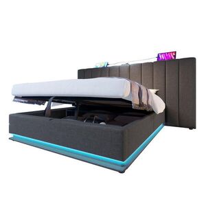 OKWISH ČALOUNĚNÁ postel 180/200 cm šedá z lnu s úložným prostorem LED a USB-C obraz