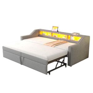 OKWISH ROZKLÁDACÍ čalouněná postel 90/180 x 200 cm světle šedá z lněné tkaniny s LED a USB obraz