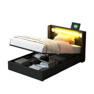 OKWISH DĚTSKÁ postel 90/200 cm černá z PU kůže s LED osvětlením, Bluetooth a úložným prostorem obraz