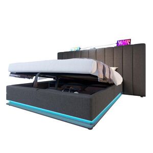 OKWISH ČALOUNĚNÁ postel 160/200 cm šedá z lnu s LED osvětlením, úložným prostorem a USB-C obraz