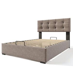 OKWISH ČALOUNĚNÁ postel 140/200 cm světle šedá ze sametu s matrací a úložným prostorem obraz