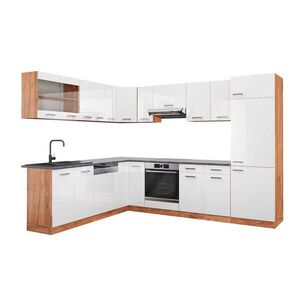 Vicco ROHOVÁ KUCHYŇ R-Line, Bílá vysoký lesk/Zlatý mocný dub, 287 x 227 cm, PD Antracit obraz