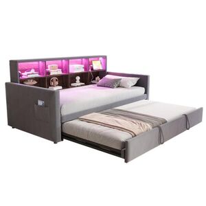 OKWISH ČALOUNĚNÁ postel 90/190 cm šedá z sametu s výsuvným lůžkem a LED osvětlením obraz