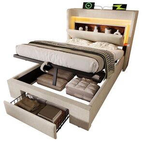OKWISH ČALOUNĚNÁ postel 90/200 cm béžová z lnu s LED osvětlením, USB a úložným prostorem obraz