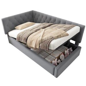 OKWISH ČALOUNĚNÁ postel 90/200 cm šedá ze sametu s hydraulickým úložným prostorem a roštem obraz