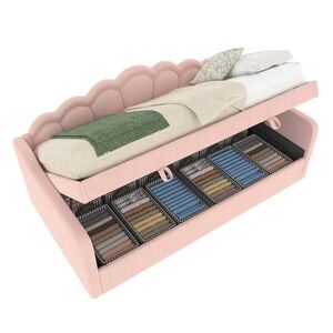 OKWISH DENNÍ postel 90/200 cm růžová ze sametu s úložným prostorem a LED osvětlením obraz